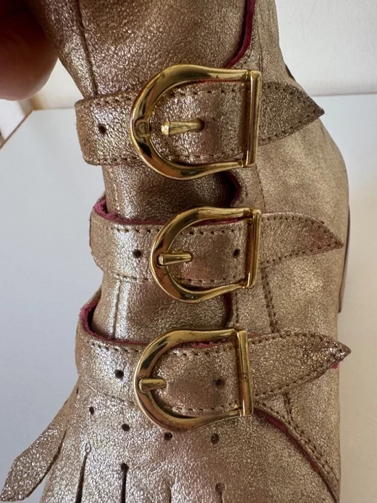MODERN VICE NYC Handmade Leather Boot Metallic Gold Zip Up Buckle Size 37 Fringe - Picture 12 of 15